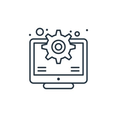 Bilgisayar vektör simgesi. Bilgisayarda düzenlenebilir felç. İnternet ve mobil uygulamalarda, logoda, yazıcı ortamında kullanmak için bilgisayar doğrusal sembolü. İnce çizgili çizim. Vektör izole çizimi.