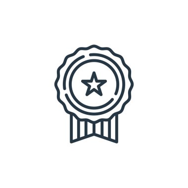 Madalya vektör ikonu. Kurgulanabilir madalya vuruşu. İnternet ve mobil uygulamalarda, logoda ve yazılı medyada kullanım için madalya lineer sembolü. İnce çizgili çizim. Vektör izole çizimi.