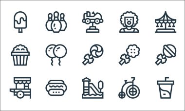 Lunapark çizgisi simgeleri. Doğrusal küme. Soda, lunapark treni, yemek arabası, bisiklet, sosisli sandviç, patlamış mısır, pamuk şeker, palyaço, bowling gibi kalite vektör dizileri