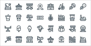 Lunapark çizgisi simgeleri. Doğrusal küme. Tampon botlar, yemek masası, fırıldak, yemek arabası, dondurma, çarpışan araba, tek tekerlekli bisiklet, kahve gibi kalite vektör dizileri