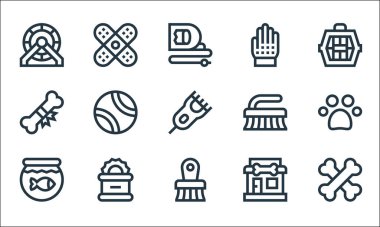 Evcil hayvan dükkânı simgeleri. Doğrusal küme. Kemik, hayvan fırçası, akvaryum, evcil hayvan dükkanı, konserve yiyecek, kemik, fırça, tımar eldiveni, yara bandı gibi kalite vektör çizgisi