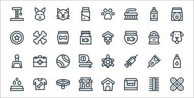 Evcil hayvan dükkânı simgeleri. Doğrusal küme. Kaliteli vektör çizgisi: yara bandı, evcil hayvan yatağı, evcil hayvan dükkanı, su damlası, elektrikli traş makinesi, tenis topu, köpek, kuş evi, kemikler.