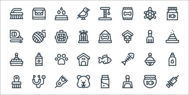 Evcil hayvan dükkânı simgeleri. Doğrusal küme. Enjeksiyon, faraş, hamster, hayvan fırçası, jingle bell, pawprint, kaka, köpek maması, iplik topu gibi kalite vektör dizileri