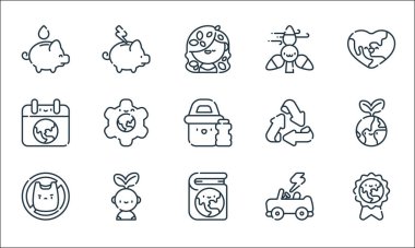 Toprak Ana çizgi simgeleri. Doğrusal küme. Madalya, ekoloji kitabı, plastik poşet yok, elektrikli araba, düşün, geri dönüşüm, rüzgar enerjisi, tasarruf