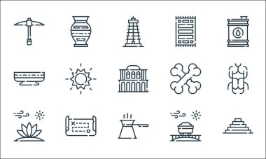 Çöl çizgisi ikonları. Doğrusal küme. Piramit, kahve, bitki, maden, hazine haritası, Hintli, kemik, halı, vazo gibi kalite vektör dizileri