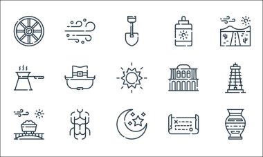 Çöl çizgisi ikonları. Doğrusal küme. Vazo, ay, maden, hazine haritası, böcek, kahve, ev, güneş kremi, kum gibi kalite vektör çizgisi kümesi