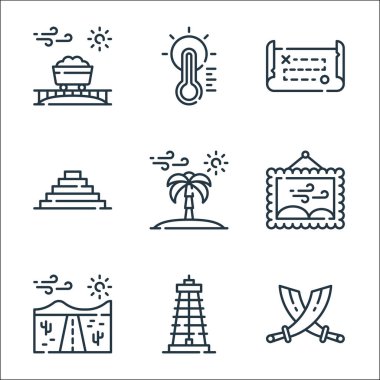 Çöl çizgisi ikonları. Doğrusal küme. Kılıç, derrick, yol, resim, palmiye ağacı, piramit, hazine haritası, termometre gibi kalite vektör çizgileri