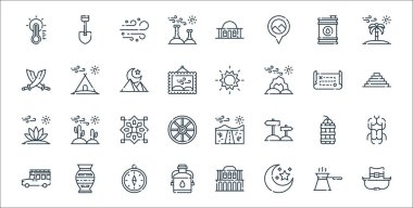 Çöl çizgisi ikonları. Doğrusal küme. Kovboy şapkası, ay, kantin, kamyonet, dinamit, şablon, piramit, güneş, kamp çadırı gibi kalite vektör çizgileri