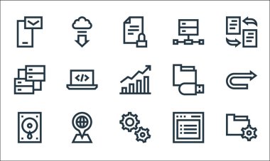 Geliştirme çizgisi simgeleri. Doğrusal küme. Dizin, vites, pc, listeleme, dünya, sunucular, usb sürücüsü, sunucu, indirme gibi kalite vektör dizileri