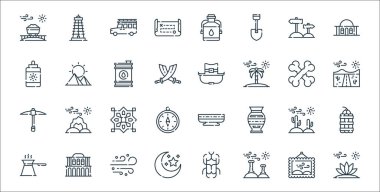 Çöl çizgisi ikonları. Doğrusal küme. Bitki, harabeler, ay, kahve, kaktüs, kalıp, yol, kovboy şapkası, güneş gibi kalite vektör çizgisi