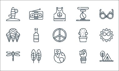 Hippi çizgisi simgeleri. Doğrusal küme. Kamp çadırı, küresel, yusufçuk, protesto, kuş tüyü, dondurma, kaktüs, şenlik ateşi, radyo gibi kalite vektör çizgisi