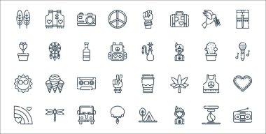 Hippi çizgisi simgeleri. Doğrusal küme. Radyo, hippi, kolye, gökkuşağı, kolsuz gömlek, radyo kaseti, mikrofon, nargile, düş kapanı gibi kalite vektör dizileri