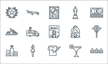 Şöhret çizgisi simgeleri. Doğrusal küme. Taç, imza, podyum, kokteyl, meşale, yat, kadın, uçak gibi kalite vektör çizgisi