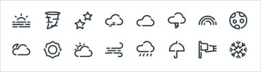 Hava çizgisi simgeleri. Doğrusal küme. Kar tanesi, şemsiye, rüzgar, gece, gökkuşağı, yıldızlar, bulut, kasırga gibi kalite vektör çizgisi
