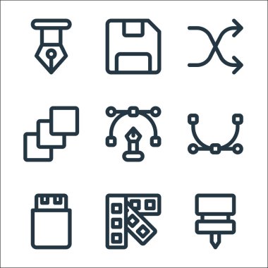 Grafik tasarım çizgisi simgeleri. Doğrusal küme. Pin, renk paleti, usb, sanat tahtası, karıştırma gibi kalite vektör çizgisi,