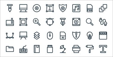 Grafik tasarım çizgisi simgeleri. Doğrusal küme. Metin, yazıcı, usb, dizin, fikir, katman, usb kablo, kalem, dönüşüm gibi kalite vektör satırı kümesi