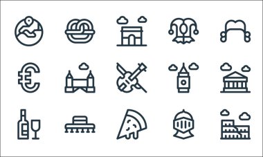 Avrupa çizgisi simgeleri. Doğrusal küme. Kolezyum, pizza dilimi, şarap, şövalye, İspanyol şapkası, euro, büyük Ben, soytarı, pretzel gibi kalite vektör dizileri