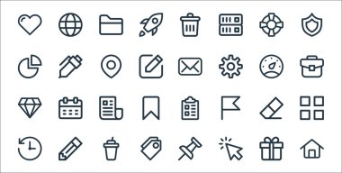 kullanıcı arayüzü satır simgeleri. Doğrusal küme. ev, tıklama, etiket, geçmiş, silgi, bülten, evrak çantası, e-posta, kalem gibi kalite vektör dizileri