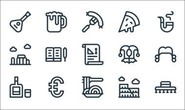 Europe line icons. linear set. quality vector line set such as spanish hat, spaghetti, whiskey, coliseum, euro, stonehenge, jester, pizza slice, beer mug vector Europe line icons. linear set. quality vector line set such as spanish hat, spaghetti, whiskey, coliseum, euro, stonehenge, jester, pizza slice, beer mug vector
