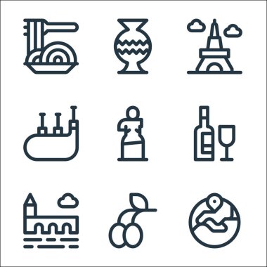 Avrupa çizgisi simgeleri. Doğrusal küme. Avrupa, zeytin, Charles Bridge, şarap, heykel, gayda, Eyfel kulesi, vazo gibi kalite vektör dizileri