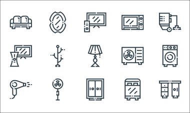 ev çizgisi simgeleri içinde. Doğrusal küme. Masa, dolap, saç kurutma makinesi, yatak, soğutma vantilatörü, konsol, klima, mikrodalga fırın, ayna gibi kalite vektör dizileri