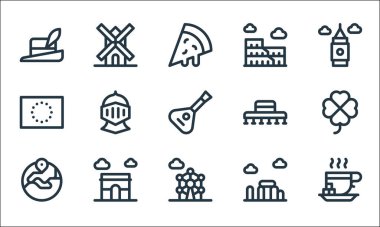 Avrupa çizgisi simgeleri. Doğrusal küme. Çay fincanı, atonyum, Avrupa, stonehenge, arc de triomphe, Avrupa Birliği, İspanyol şapkası, stadyum, yel değirmeni gibi kalite vektör çizgisi