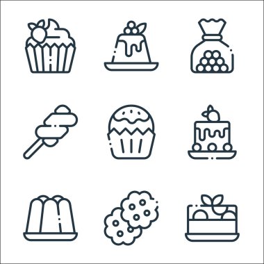 Tatlı çizgisi simgeleri. Doğrusal küme. Pasta, kurabiye, jöle, kek, kek, şekerleme, puding gibi kalite vektör dizileri