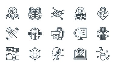 Robot çizgisi simgeleri. Doğrusal küme. Hap, yapay zeka, hologram, yapay zeka, hap, yapay zeka, yapılandırma, uzay gemisi, robotik