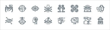 Robot çizgisi simgeleri. Doğrusal küme. Sayborg, yapılandırma, yapay zeka, iris tanıma, konum, göz, robot bacaklar gibi kalite vektör dizileri