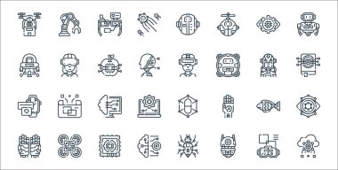 Robot çizgisi simgeleri. Doğrusal küme. Bulut hesaplama, robot, beyin, robotik el, balık, yapay zeka, veritabanı, sanal gerçeklik gözlüğü, sanal gerçeklik gibi kalite vektör dizileri