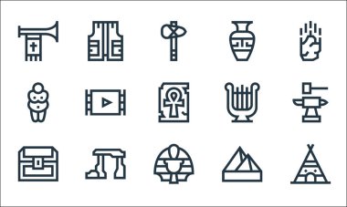 Tarih çizgisi simgeleri. Doğrusal küme. Hint çadırı, firavun, hazine sandığı, piramit, stonehenge, venus of willendorf, harp, pot, yelek gibi kalite vektör dizileri