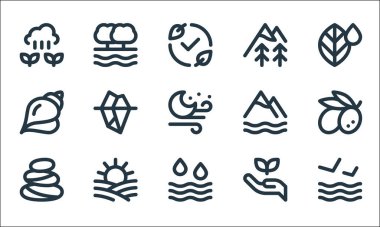 Doğa çizgisi simgeleri. Doğrusal küme. Deniz, su, taşlar, ekoloji, alan, kabuk, dağ, nehir gibi kalite vektör çizgisi
