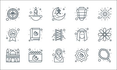 İslam ve Ramazan çizgi simgeleri. Doğrusal küme. Tespih, tesettür, cami, dekorasyon, takvim, helal, Arapça, fener, mum gibi kalite vektör dizileri