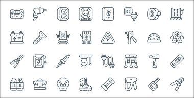 Elektrikçi aletleri ve çizgi simgeleri. Doğrusal küme. Kerpeten, zımba, bot, yelek, çekiç, lehim, enerji, elektrik, vida gibi kalite vektör çizgisi kümesi
