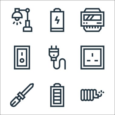 Elektrikçi aletleri ve çizgi simgeleri. Doğrusal küme. bakır kablo, pil durumu, awl, güç soketi, güç prizi, anahtar, elektrik sayacı, boş pil gibi kalite vektör dizisi