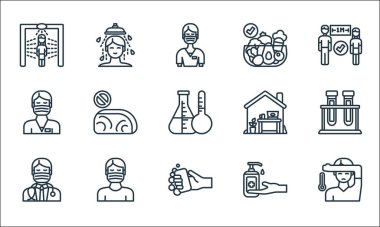 Virüs iletim hattı simgeleri. Doğrusal küme. Ateş, el yıkama, doktor, el yıkama, yüz maskesi, erkek hemşire, ev, sebze, duş gibi kalite vektör dizileri