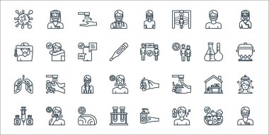 Virüs iletim hattı simgeleri. Doğrusal küme. Erkek hemşire, tness, lab, şırınga, ev, doktor, kaynama, mesafe, öksürük gibi kalite vektör çizgisi kümesi