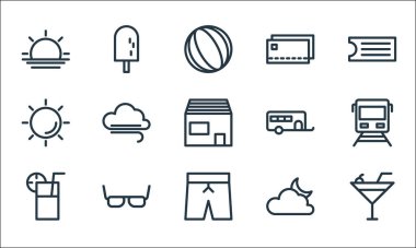 Tatil çizgisi simgeleri. Doğrusal küme. içki, pantolon, meyve suyu, ay, gözlük, güneş, karavan, kart ödemesi, dondurma gibi kalite vektör dizileri