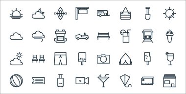 Tatil çizgisi simgeleri. Doğrusal küme. Loca, uçurtma, video kaydedici, voleybol, dondurma, pantolon, dondurma, bank, bulut gibi kalite vektör dizileri