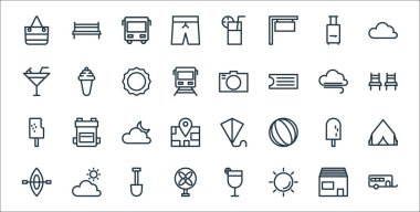 Tatil çizgisi simgeleri. Doğrusal küme. Kervan, güneş, fan, yelkenli, dondurma, ay, sandalye, kamera, dondurma gibi kalite vektör çizgisi