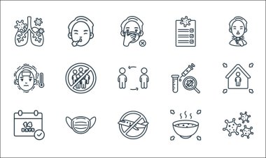 Coronavirus covid çizgi simgeleri. Doğrusal küme. Koronavirüs gibi kalite vektör dizileri, uçuş yok, karantina yok, sıcak yemek, tıbbi maske, ateş, aşı yok, hapşırık