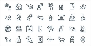 Kurban Bayramı çizgi simgeleri. Doğrusal küme. Taş, keçi, pasaport, koyun, hac, takvim, insan, fener gibi kalite vektör dizileri