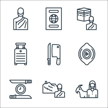 Kurban Bayramı çizgi simgeleri. Doğrusal küme. Keçi, hac, bıçak, taş, bıçak, bavul, hac, pasaport gibi kalite vektör dizileri