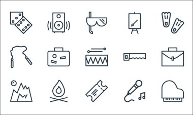 aktivite çizgisi simgeleri. Doğrusal küme. Piyano, bilet, dağ, karaoke, ateş, ip oyuncağı, testere, boya bezi, müzik kutusu gibi kalite vektör dizileri