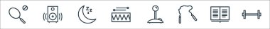 aktivite çizgisi simgeleri. Doğrusal küme. Ağırlıklar, kitap, ip oyuncağı, video oyunları, davullar, uyku, müzik kutusu gibi kalite vektör dizileri