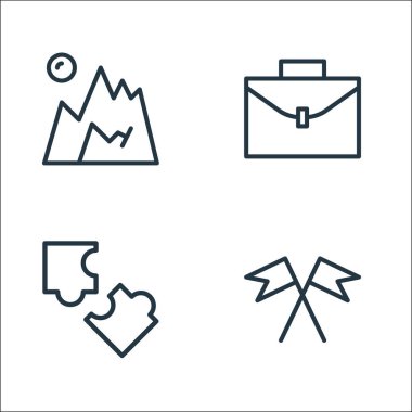 aktivite çizgisi simgeleri. Doğrusal küme. Yarış bayrağı, bulmaca, evrak çantası gibi kalite vektör çizgisi