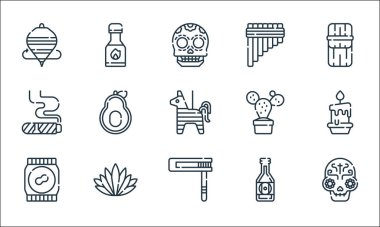 Meksika hattı ikonları. Doğrusal küme. Kafatası, matraca, fıstık ezmesi, bira, agave, puro, kaktüs, zampona, chili sosu gibi kalite vektör dizileri