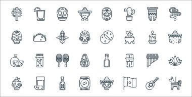 Meksika hattı ikonları. Doğrusal küme. Kaliteli vektör çizgisi: pi? ata, mexico, fıstık ezmesi, mum, zampona, marakas, kaktüs, tortilla, taco