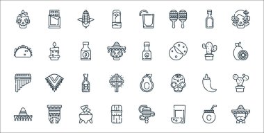 Meksika hattı ikonları. Doğrusal küme. Kaliteli vektör çizgisi: Meksika erkeği, pulque, tamale, Meksika şapkası, chili, bira, maracuya, chili sosu, mum.