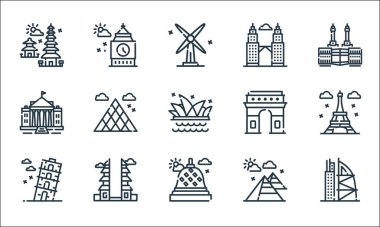 Dünya Anıt Çizgisi ikonları. Doğrusal küme. Kaliteli vektör çizgisi kümesi, borobudur, pisa kulesi, piramit, pura, beyaz ev, yay de triomphe, ikiz kule, büyük Ben